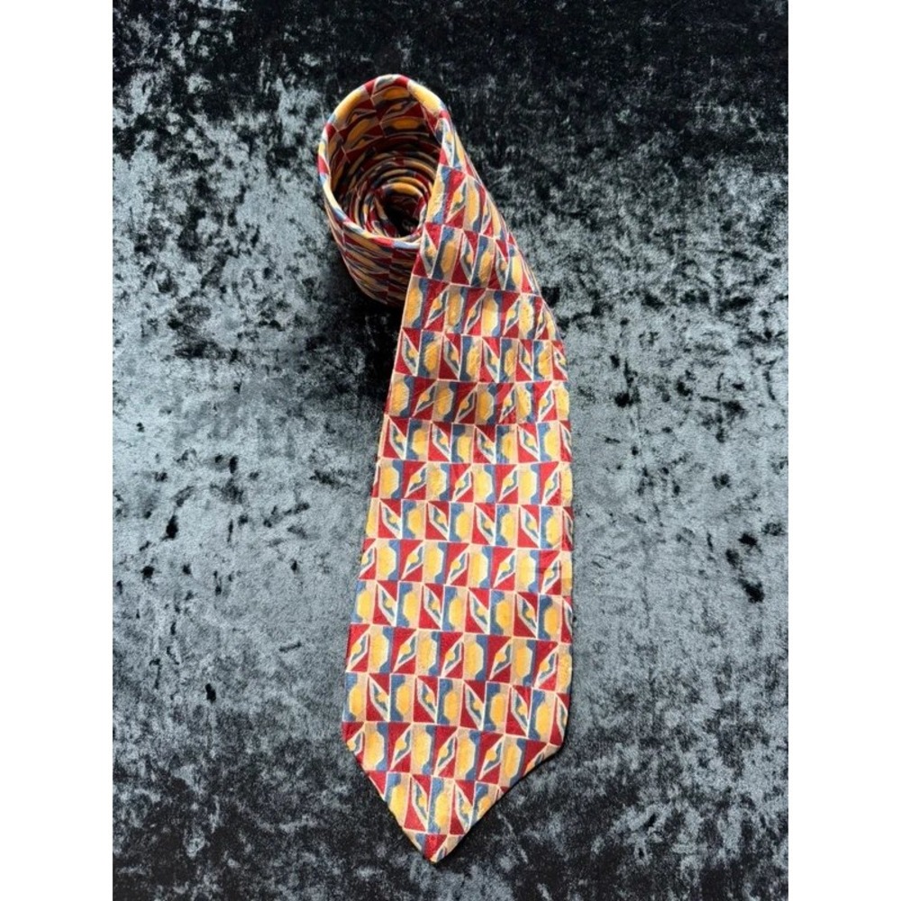 Vintage 417 by Van Heusen Silk Tie Geometric Red Blue Gold Wide 4" Necktie
